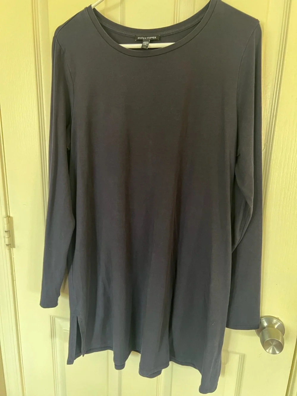Eileen Fisher Dark Grey Tencel Tunic Top Large Long Sleeve Minimalist Side Slit